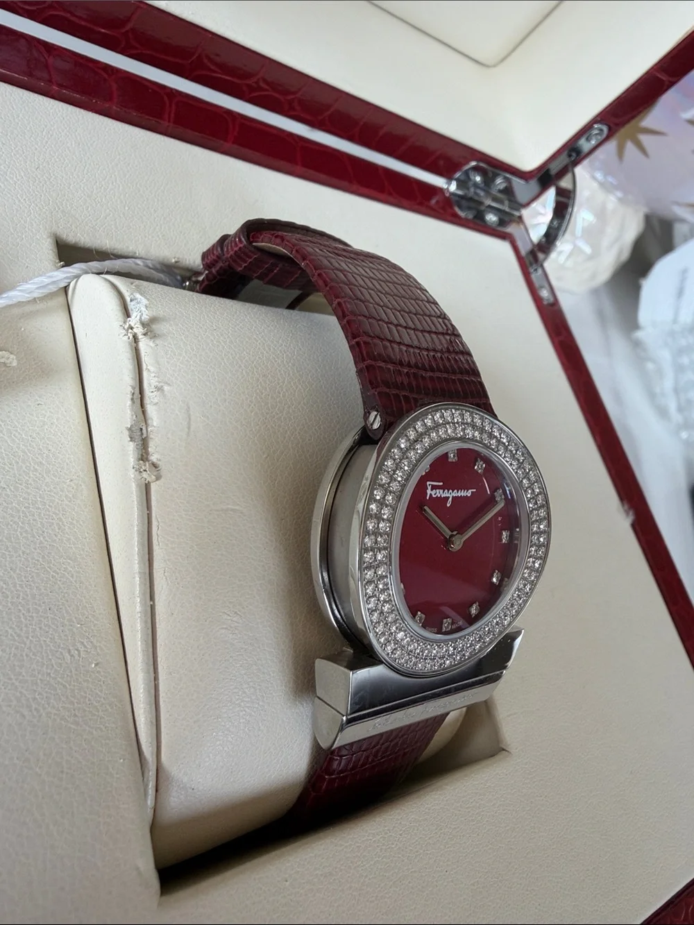 Salvatore Ferragamo Burgundy Lizard Leather & diamond Bezel Ladies Watch